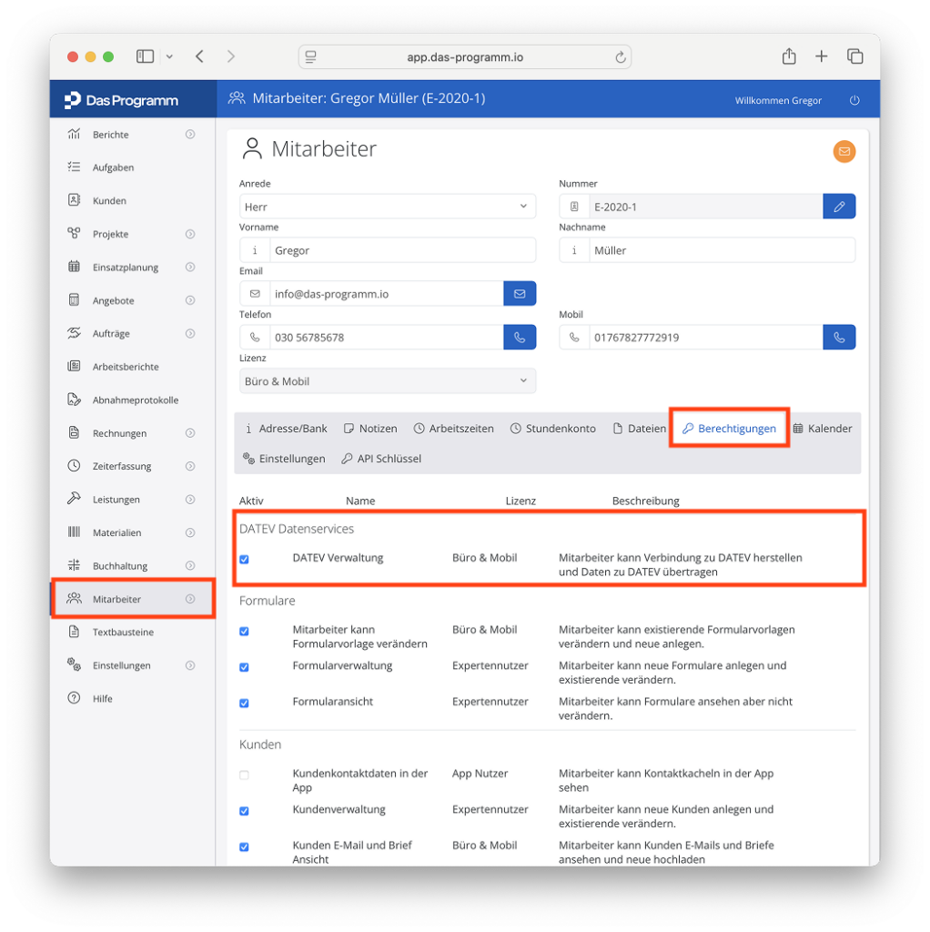 Erteile die Mitarbeiter-Berechtigung im die DATEV Datenservices zu nutzen